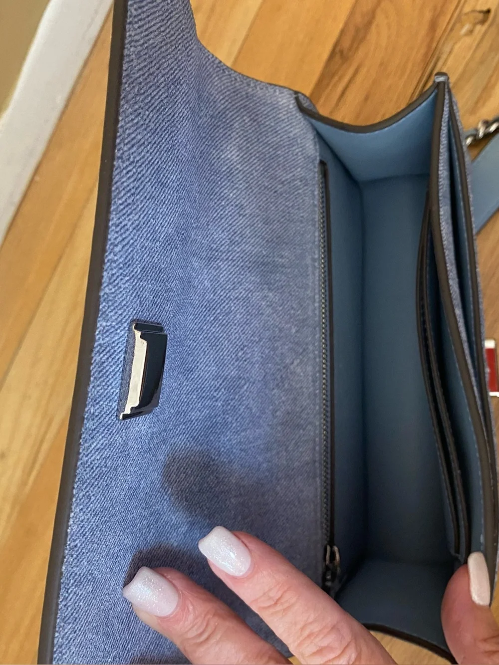 Tory Burch small Fleming shoulder bag. Quilted suede denim. Silver strap